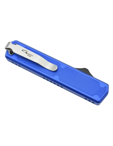 Golgoth G11A4 Bleu. Couteau automatique OTF peigne acier D2 manche aluminium bleu et fibre de carbone