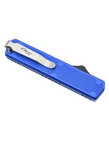 Golgoth G11A4 Bleu. Couteau automatique OTF peigne acier D2 manche aluminium bleu et fibre de carbone