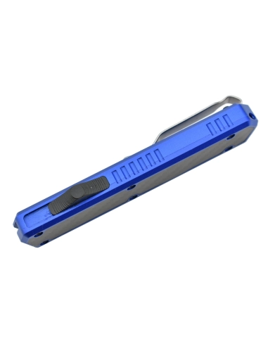 Golgoth G11A4 Bleu. Couteau automatique OTF peigne acier D2 manche aluminium bleu et fibre de carbone