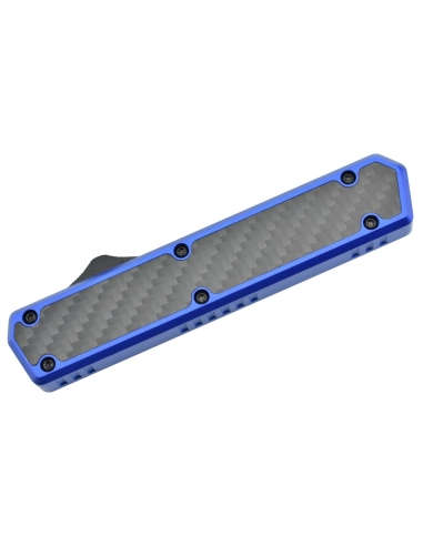 Golgoth G11A4 Bleu. Couteau automatique OTF peigne acier D2 manche aluminium bleu et fibre de carbone