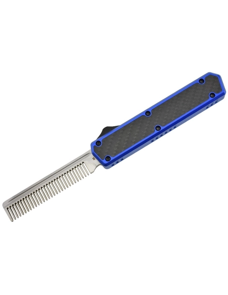 Golgoth G11A4 Bleu. Couteau automatique OTF peigne acier D2 manche aluminium bleu et fibre de carbone
