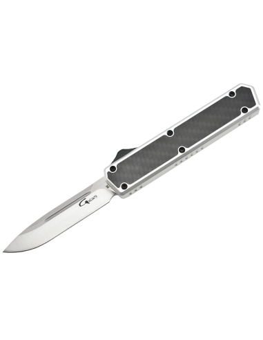 Golgoth G11C6 Silver. Couteau automatique OTF lame acier D2 manche aluminium silver et fibre de carbone