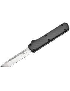 Golgoth G11F1 Noir. Couteau automatique OTF lame tanto acier D2 manche aluminium noir et fibre de carbone
