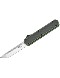 Golgoth G11F2 Vert. Couteau automatique OTF lame tanto acier D2 manche aluminium vert et fibre de carbone