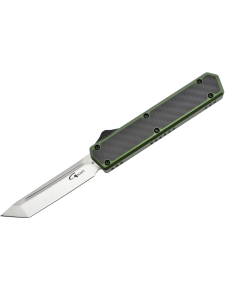Golgoth G11F2 Vert. Couteau automatique OTF lame tanto acier D2 manche aluminium vert et fibre de carbone