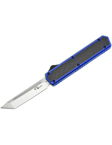 Golgoth G11F4 Bleu. Couteau automatique lame tanto acier D2 manche aluminium bleu et fibre de carbone