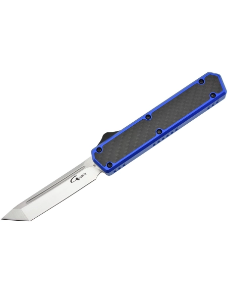 Golgoth G11F4 Bleu. Couteau automatique lame tanto acier D2 manche aluminium bleu et fibre de carbone