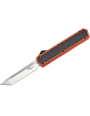 Golgoth G11F5 Orange. Couteau automatique lame tanto acier D2 manche aluminium orange et fibre de carbone