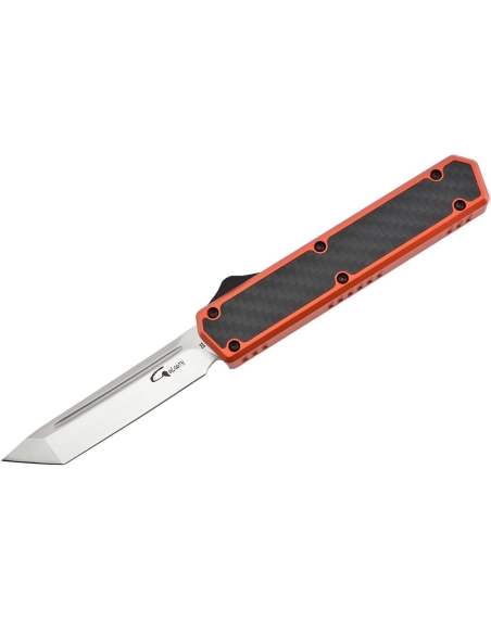 Golgoth G11F5 Orange. Couteau automatique lame tanto acier D2 manche aluminium orange et fibre de carbone