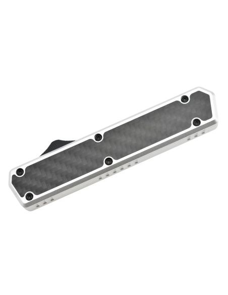Golgoth G11F6 Silver. Couteau automatique lame tanto acier D2 manche aluminium silver et fibre de carbone