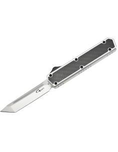 Golgoth G11F6 Silver. Couteau automatique lame tanto acier D2 manche aluminium silver et fibre de carbone