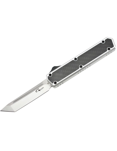 Golgoth G11F6 Silver. Couteau automatique lame tanto acier D2 manche aluminium silver et fibre de carbone