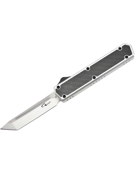 Golgoth G11F6 Silver. Couteau automatique lame tanto acier D2 manche aluminium silver et fibre de carbone