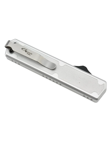 Golgoth G11BS6 Silver. Couteau automatique OTF lame double tranchant avec serrations en acier D2 manche aluminium silver et fibr