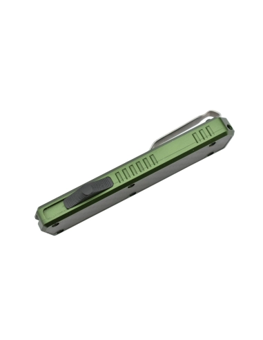 Golgoth G11BS2 Vert. Couteau automatique OTF lame double tranchant avec serrations en acier D2 manche aluminium vert et fibre de
