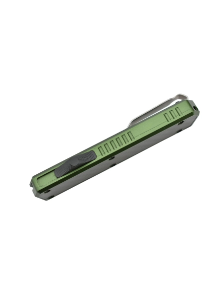 Golgoth G11BS2 Vert. Couteau automatique OTF lame double tranchant avec serrations en acier D2 manche aluminium vert et fibre de