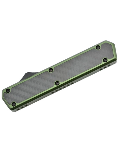 Golgoth G11BS2 Vert. Couteau automatique OTF lame double tranchant avec serrations en acier D2 manche aluminium vert et fibre de