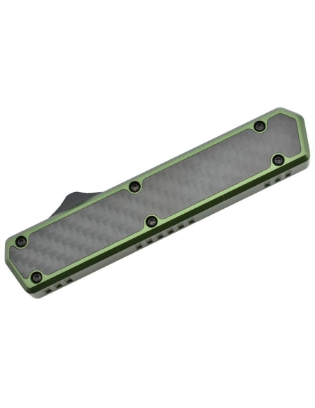 Golgoth G11BS2 Vert. Couteau automatique OTF lame double tranchant avec serrations en acier D2 manche aluminium vert et fibre de