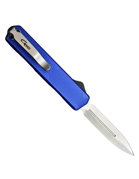 Golgoth G11BS4 Bleu. Couteau OTF lame double tranchant avec serrations