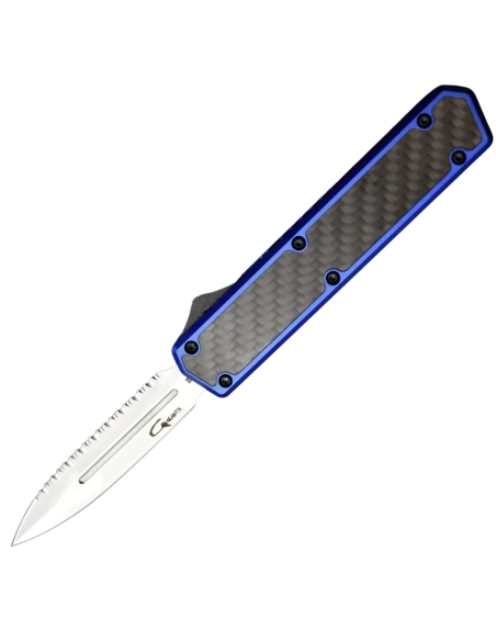 Golgoth G11BS4 Bleu. Couteau OTF lame double tranchant avec serrations