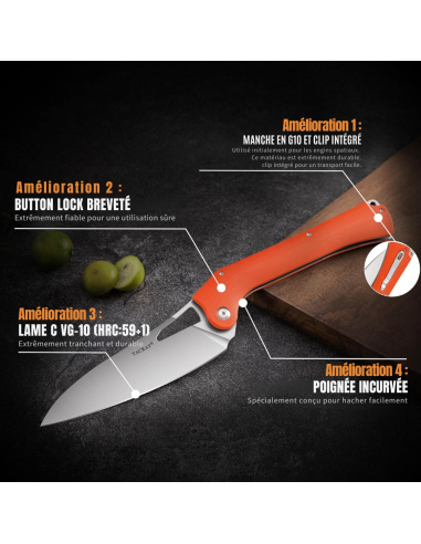TACRAY KNIVES - TR-FK02 ORANGE - Couteau de cuisine pliant lame VG10 manche G10