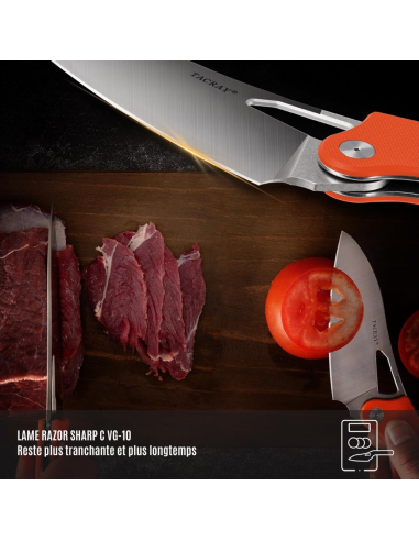 TACRAY KNIVES - TR-FK02 ORANGE - Couteau de cuisine pliant lame VG10 manche G10