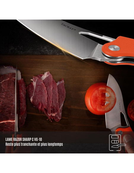 TACRAY KNIVES - TR-FK02 ORANGE - Couteau de cuisine pliant lame VG10 manche G10