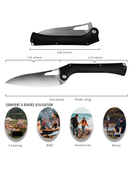 TACRAY KNIVES - TRFKK03N - Couteau de cuisine pliant lame VG10 manche G10 Noir