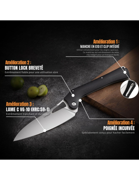 TACRAY KNIVES - TRFKK03N - Couteau de cuisine pliant lame VG10 manche G10 Noir