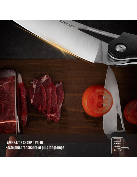 TACRAY KNIVES - TRFKK03N - Couteau de cuisine pliant lame VG10 manche G10 Noir