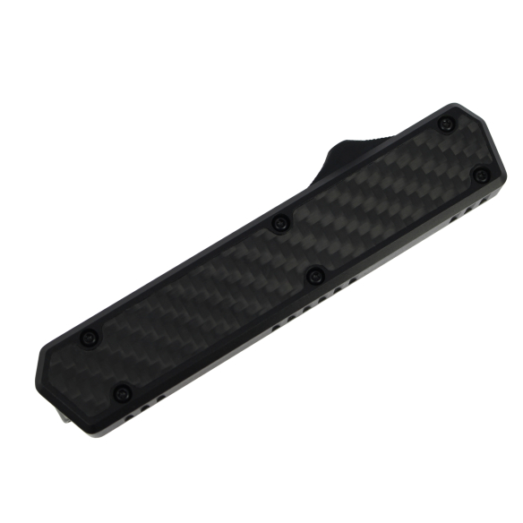 GOLGOTH - G11 Spoon - Cuillère OTF : Manche en aluminium anodisé noir avec insert en fibre de carbone et bouton d'ouverture