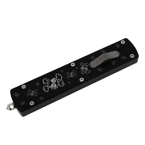 GOLGOTH - G12SKT - Couteau OTF : Manche en aluminium avec motif skull, bouton d'ouverture et brise vitre en titane anodisé