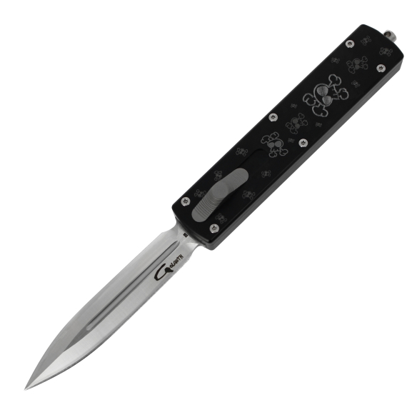 GOLGOTH - G12SKDT - Couteau OTF : Manche en aluminium avec motif skull et lame double tranchant en acier D2
