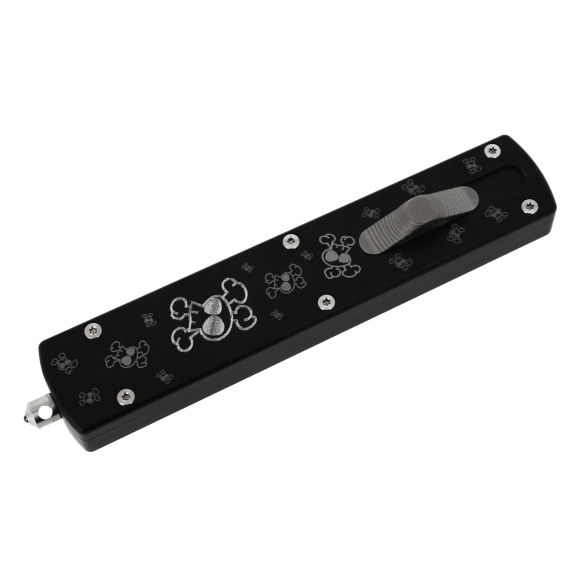 GOLGOTH - G12SKDT - Couteau OTF : Manche en aluminium avec motif skull, bouton d'ouverture et brise vitre en titane anodisé