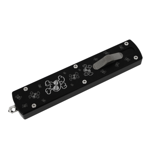 GOLGOTH - G12SKDP - Couteau OTF : Manche en aluminium avec motif skull, bouton d'ouverture et brise vitre en titane anodisé