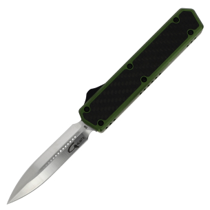 GOLGOTH - G11B2 - Couteaux automatiques OTF Vert : Lame double tranchant acier D2 manche aluminium et fibre de carbone