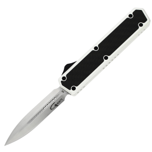GOLGOTH - G11B6 - Silver OTF : Lame double tranchant acier D2 manche aluminium silver et fibre de carbone