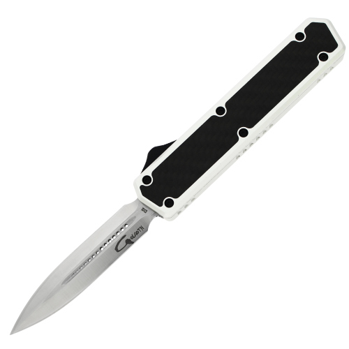 GOLGOTH - G11B6 - Silver OTF : Lame double tranchant acier D2 manche aluminium silver et fibre de carbone